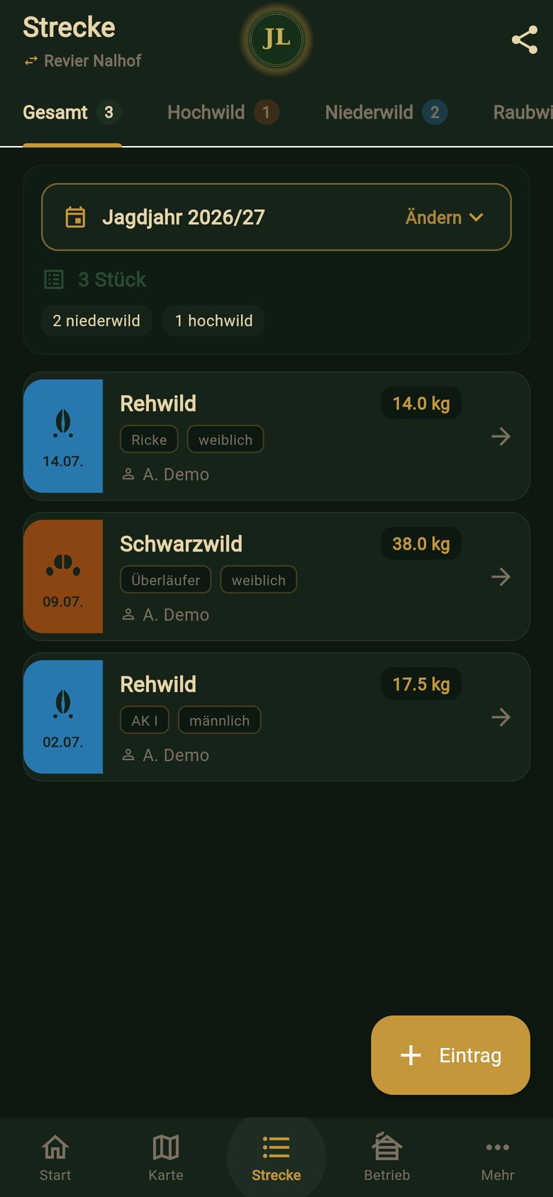 Streckenbuch: Jagdjahr-Liste mit Altersklasse, Geschlecht und Wildbret-Gewicht